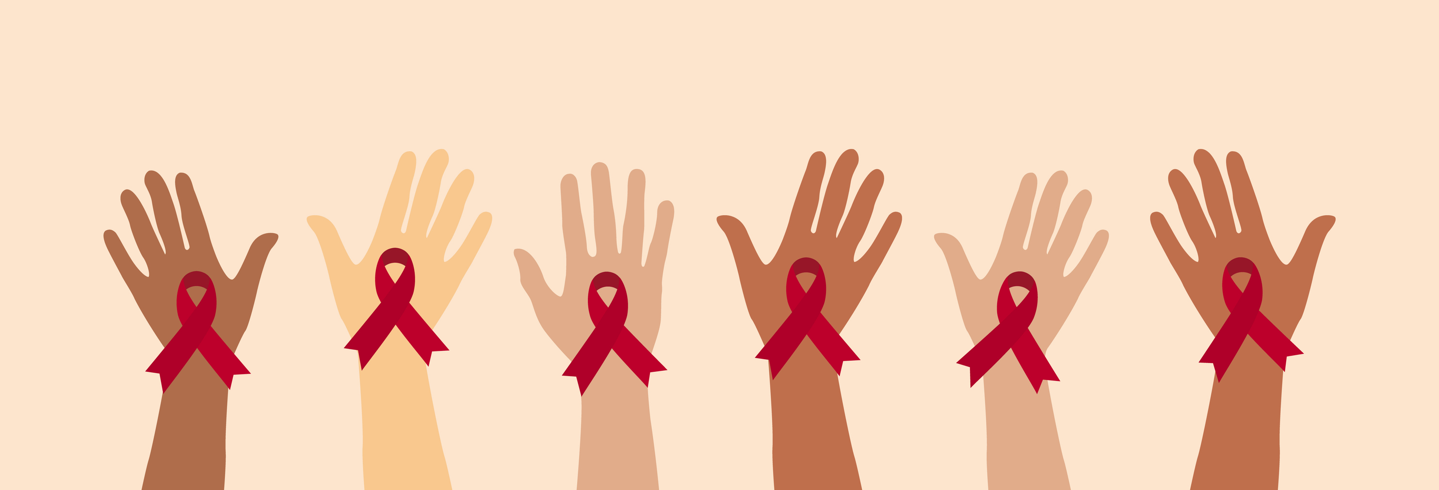 AIDs HIV awareness red ribbons. Human hands raised. 1st of December. Vector illustration